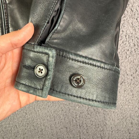 Vintage Polo Ralph Lauren Leather Jacket Mens M Black Full Zip Bomber Chin Strap - Picture 5 of 16